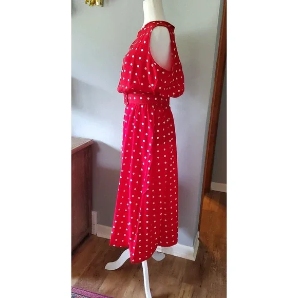 Vtg Blair Sz L Rockabilly Midi Dress Sleeveless Red White Polka Dot Long Belted - Picture 4 of 11